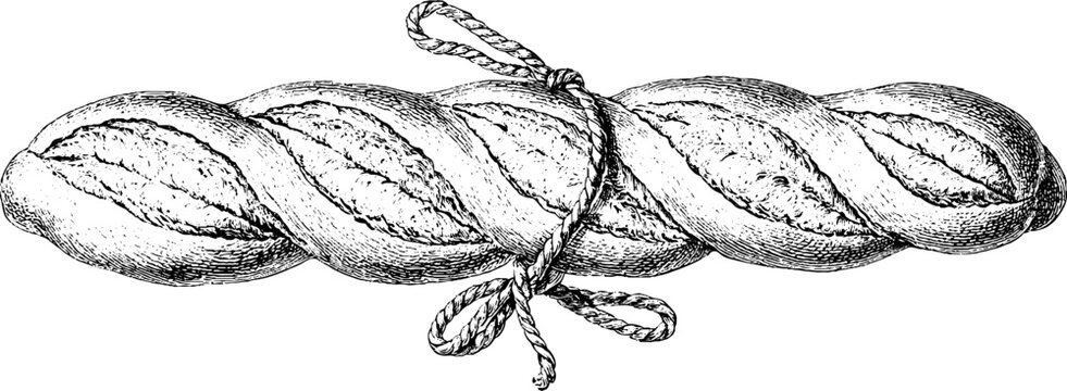 Antique engraving of braided fougasse bread with lardons tied with string for vintage bakery background and packaging design