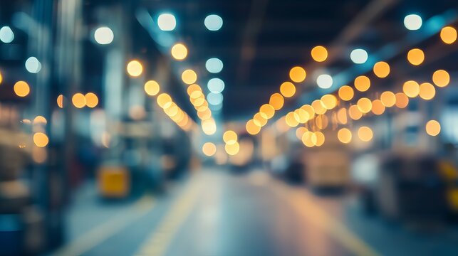Industrial warehouse interior featuring vibrant circular bokeh light spots creating artistic depth with blue tones and warm golden glowing illumination