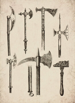 Engraved Historic Ornate Poleaxes, War Axes, and Hammers Historical Engraving