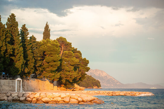 Coastal landscape featuring rocky shoreline, lush green trees, and distant mountains under a cloudy sky at sunset along the Adriatic Sea in Croatia