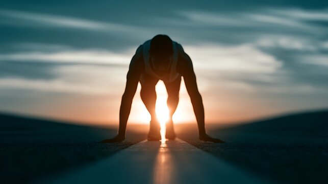 athlete starting position on track at sunrise