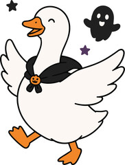 Obraz premium Cute Halloween White Duck Wearing a Cape and Ghost Illustration