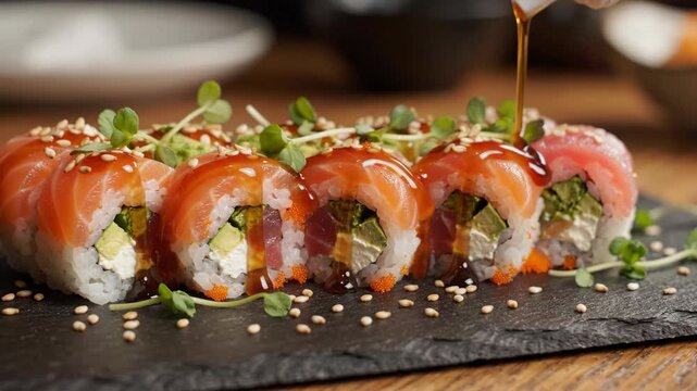 Delicious sushi rolls with salmon and tuna, drizzled with sauce on a slate plate.