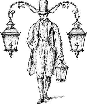 Vintage engraved lamplighter holding lantern with decorative street lamps isolated on white background for historical illustration and editorial design