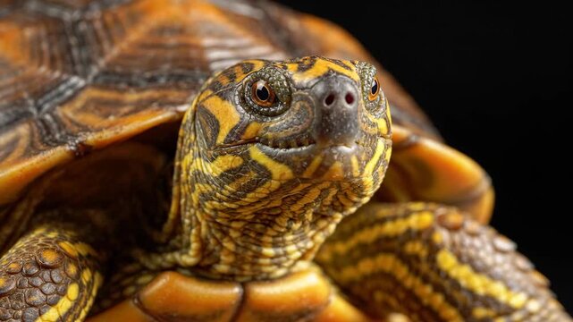 A detailed close-up portrait of a vibrant turtle with intricate shell patterns.