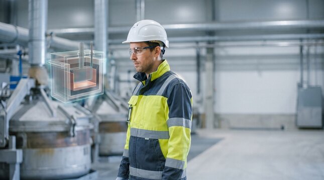 Industrial engineer in hard hat and safety jacket examining a 3D holographic model of an electrolysis cell inside an aluminum smelting facility with copy space