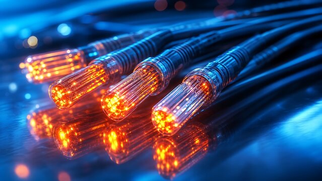 Fiber optic cables with glowing orange light tips against a dark blue background for data connection