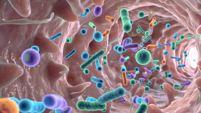 Colorful diverse intestinal bacteria floating inside the human gut, vibrant microbiome, microscopic details, gut flora, 4K video