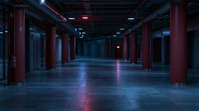 Interior view down long dark corridor of abandoned shopping mall with lone fire alarm strobe light still flashing rhythmically, eerie empty retail space, derelict commercial