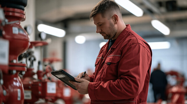 Polish building services engineer updating suppression system maintenance log on ruggedized tablet while standing beside riser valve assembly in data center plant room, fire