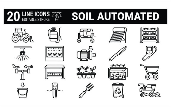 Soil automated agriculture line icons set featuring smart farming technology and gardening equipment for industrial use.