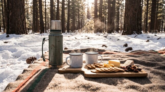 Winter aesthetic picnic with thermos and cookies in snowy forest  