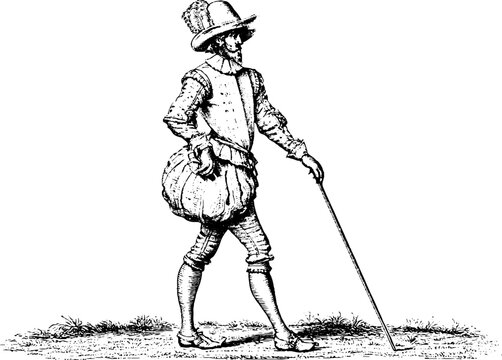 Antique engraved medieval squire illustration with walking pose and cane isolated on white background for historical design background and educational poster
