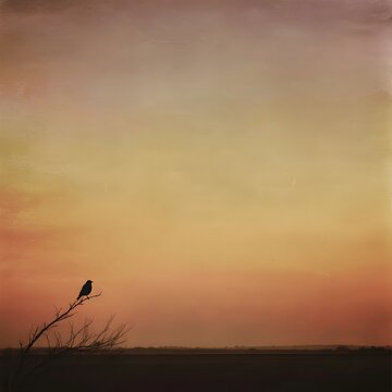 Black bird silhouette perched on a bare branch at sunset, surrounded by a warm hazy sky and vast copy space, creating a peaceful minimalist nature scene