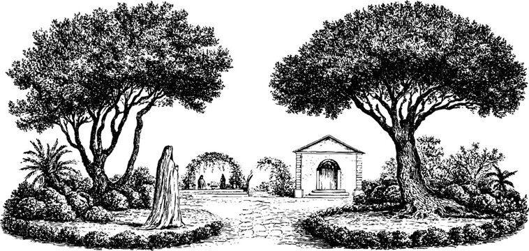 Antique engraving of mexican posadas village chapel scene with trees and pathway for holiday background design
