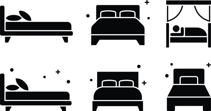 Hotel bedroom furniture and comfortable mattress bed icon set featuring canopy bed double bed and single bed silhouettes