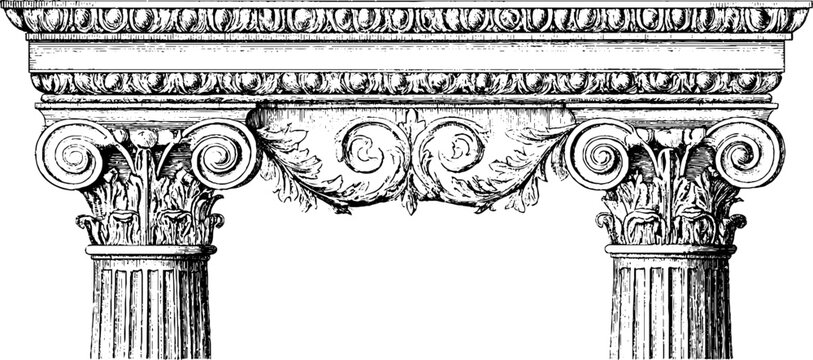 Neoclassical column and metope border with ionic capitals and carved acanthus for architectural ornament and header design