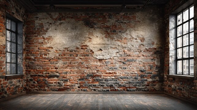 Empty industrial room showcasing distressed brick wall with windows, representing decay, renovation, or urban concept