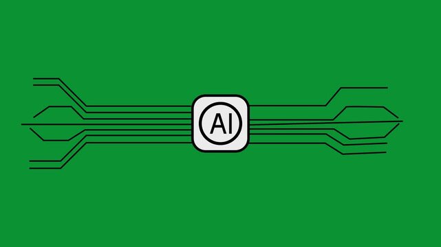 Animated infographic showing Artificial Intelligence at work.on green backround.AI Letters on Chip Glowing.4k video