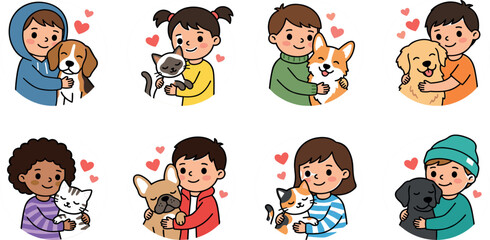 Obraz premium Cute cartoon children hugging their pet dogs and cats vector sticker element set with hearts