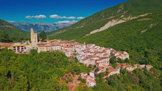 Aerial view of Anversa degli Abruzzi medieval town