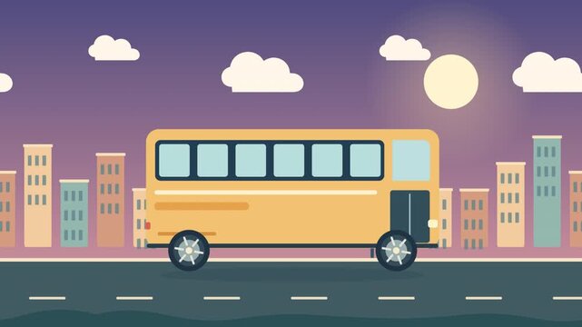 Flat Vector Yellow Bus Driving in City at Night Animation