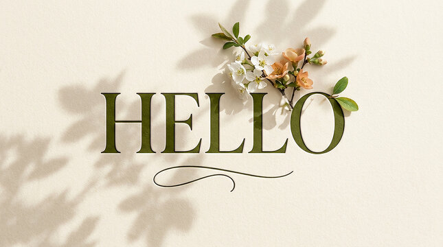 Hello text typography with spring flower blossoms and natural leaf shadows on a textured background