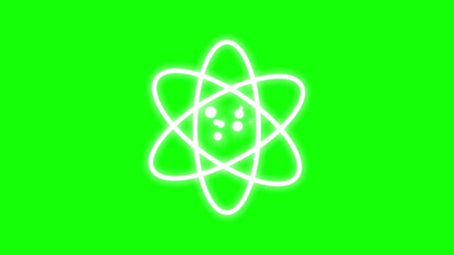 Glowing neon white atom symbol with orbiting electrons on green screen background