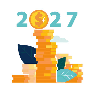 2027 Happy New Year, holiday, business finance. Financial profit in dollar gold cents. Design of a stack of pennies with New Year's numbers on them. Investment in capital management. Vector illustrati