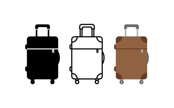 Travel suitcase icon set, rolling luggage vector illustrations, brown baggage and black silhouette symbols for tourism design