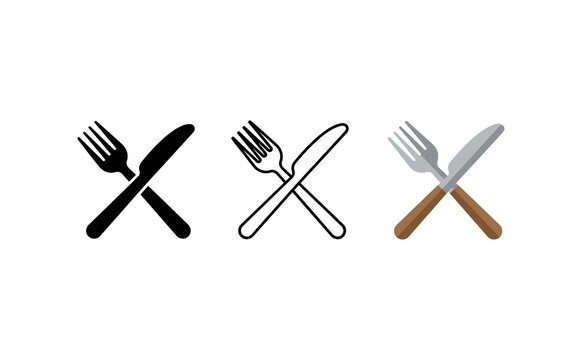 Minimalist crossed fork and knife icons set, restaurant cutlery symbols in black, outline, and color styles, dining signage graphics
