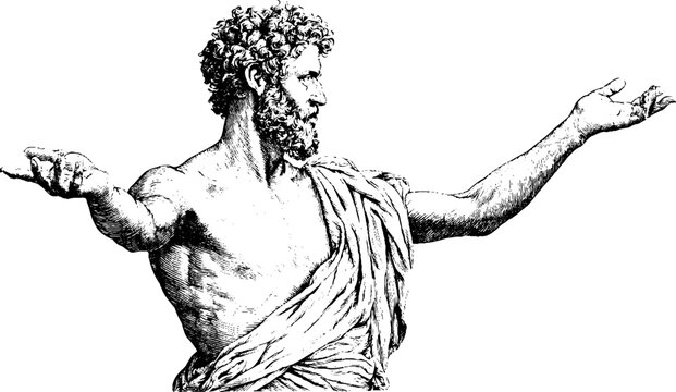 Antique renaissance sculptor engraving of full upper body with outstretched arms for classical background banner and art reference design