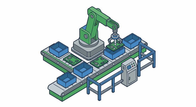 Industrial robotic arm operates an automated assembly line conveyor belt carrying electronic components in an isometric factory setting.