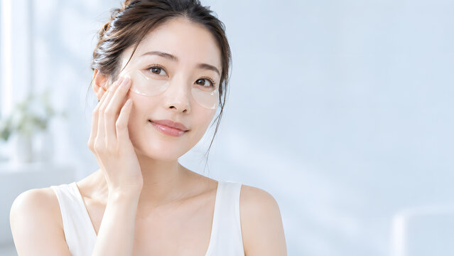 目元にジェルアイパッチを貼ってスキンケアする若い日本人女性