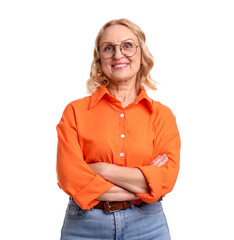 Portrait of happy mature woman with glasses on white background