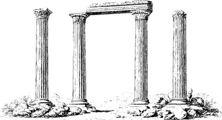 Obraz premium Classical roman columns and broken arch engraving of ancient ruins for architectural background and frame design
