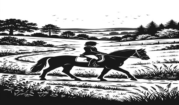 Horse Rider Riding Through Meadow and Trees Silhouette Vector
