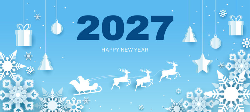 Numbers 2027. Banner, Happy New Year 2027. New Year and Christmas holidays. Santa Claus with reindeer. Postcard, gifts, toys cut from multi-layered paper, blue background. Vector illustration