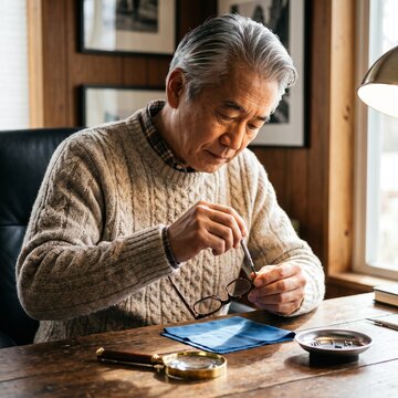 Senior Man Precision Repairing Reading Glasses with Micro Tool