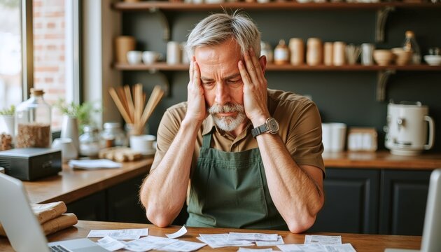 Photorealistic scene of a tired middle aged caf&Atilde;&copy; owner in a small coffee shop