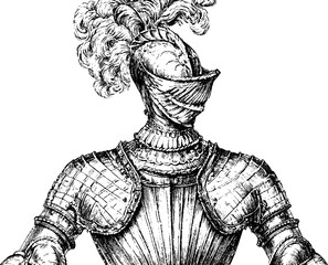 Obraz premium Antique engraved medieval knight in full armor isolated on white background for vintage historical background and poster design