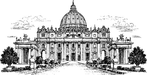 Obraz premium Antique engraved st. peter basilica architectural line drawing in black and white isolated on white for historical poster or background design