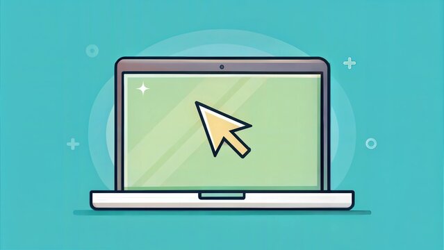 Computer screen with pointer mouse arrow icon vector flat cartoon illustration, notebook or laptop pc display and clicking cursor arrow isolated clipart modern design
