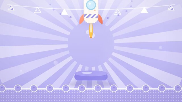 Rocket launch claymorphism pop animation with festival rays confetti and pattern stripes startup growth concept motion graphic