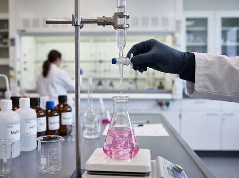 Gloved hand adjusting buret during acid base titration experiment with pink liquid in flask on stirrer for analytical chemistry and laboratory research.