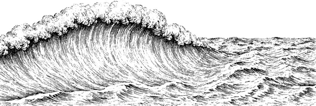 Antique engraving of breaking ocean wave crest background isolated on white for vintage marine banner design and seascape decoration