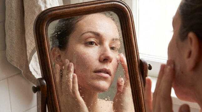 Woman with a healthy, glowing complexion looking in a mirror  