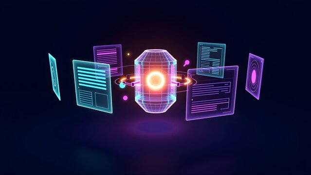 Digital data processing with glowing core and floating document interfaces 3d render