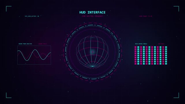 Futuristic hud interface with spinning wireframe globe and digital wave on dark background.