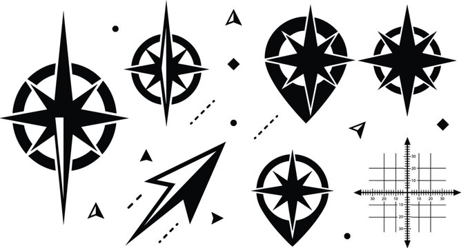 Map navigation and location tracking vector icons set featuring compass rose pin pointer and grid elements